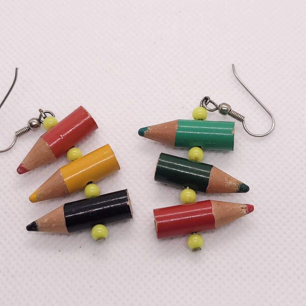 Vintage 1980s Colored Pencil Novelty Dangle Earrings Multicolor